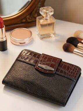 Brighton Bi Fold Snap Wallet black pebbled leather brown crocodile embossed